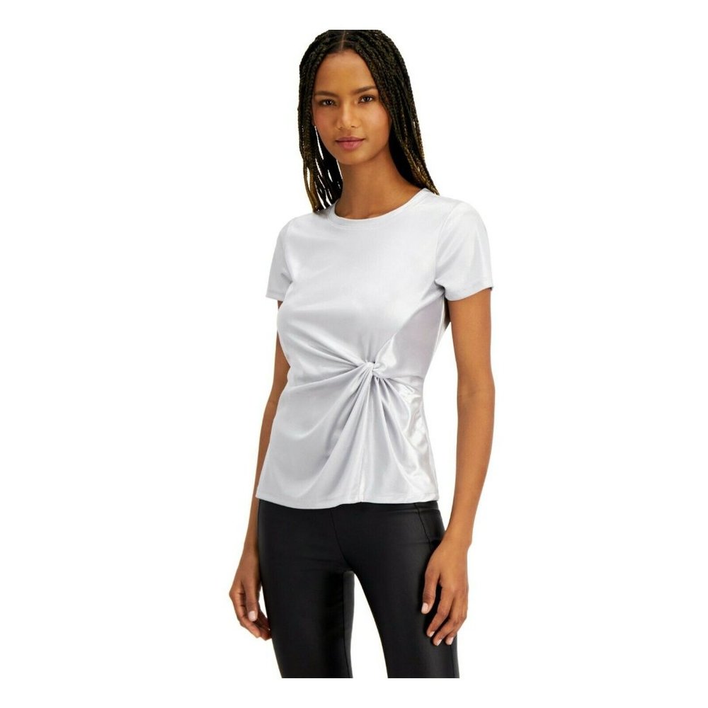 INC Women's Silver Twist-Front Velvet Short Sleeve Silver T-shirt Size XS $59